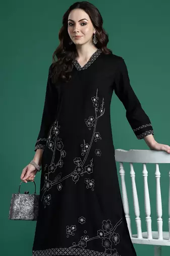 Black embroidered viscose rayon kurta trouser set