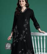 Black embroidered viscose rayon kurta trouser set