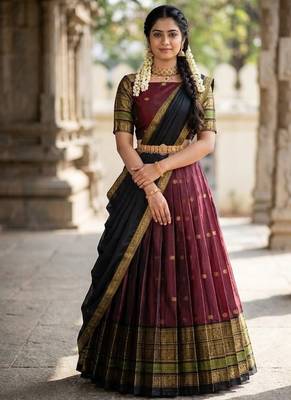 South Indian Style Semi-Stitched Half Saree with Blouse and Dupatta 1