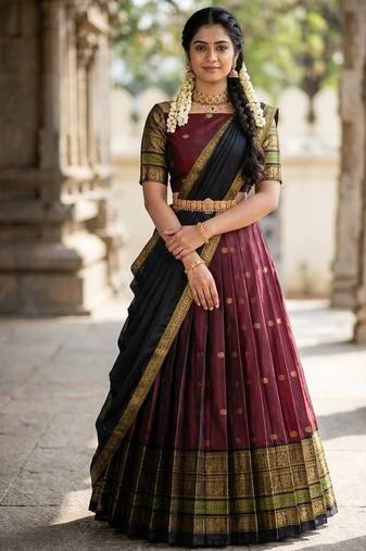 South Indian Style Semi-Stitched Half Saree with Blouse and Dupatta