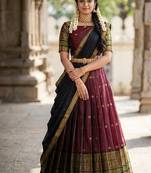South Indian Style Semi-Stitched Half Saree with Blouse and Dupatta