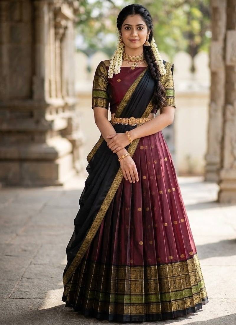 South Indian Style Semi-Stitched Half Saree with Blouse and Dupatta