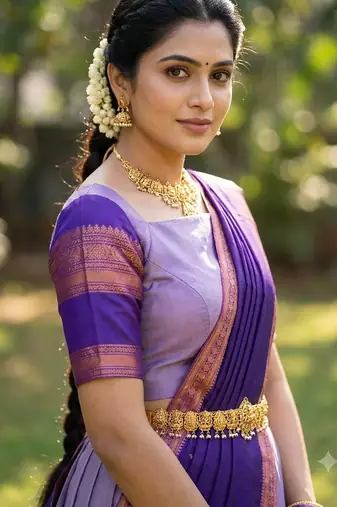 South Indian Style Semi-Stitched Half Saree with Blouse and Dupatta