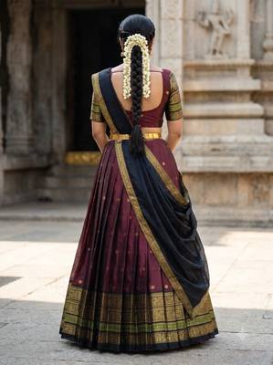 South Indian Style Semi-Stitched Half Saree with Blouse and Dupatta 2