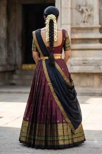South Indian Style Semi-Stitched Half Saree with Blouse and Dupatta