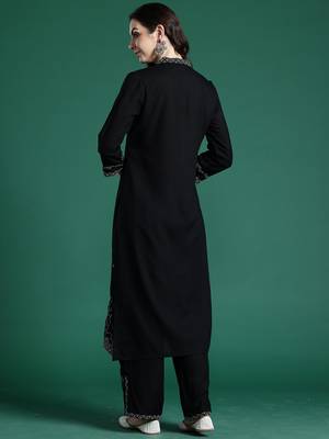 Black embroidered viscose rayon kurta trouser set 2