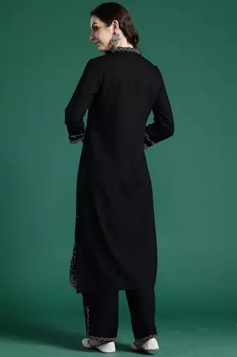 Black embroidered viscose rayon kurta trouser set