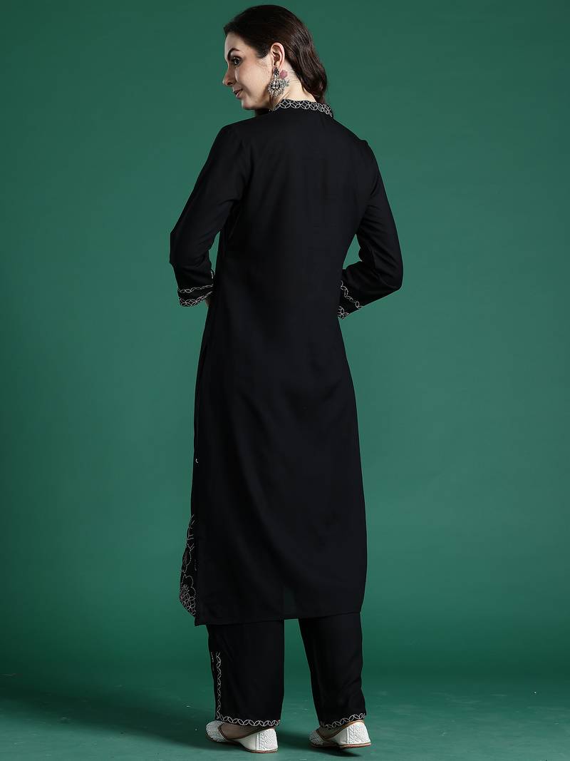 Black embroidered viscose rayon kurta trouser set