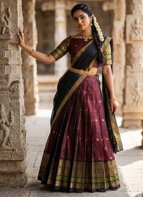 South Indian Style Semi-Stitched Half Saree with Blouse and Dupatta 3