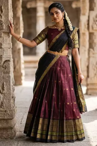 South Indian Style Semi-Stitched Half Saree with Blouse and Dupatta