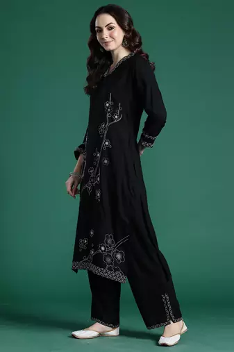 Black embroidered viscose rayon kurta trouser set