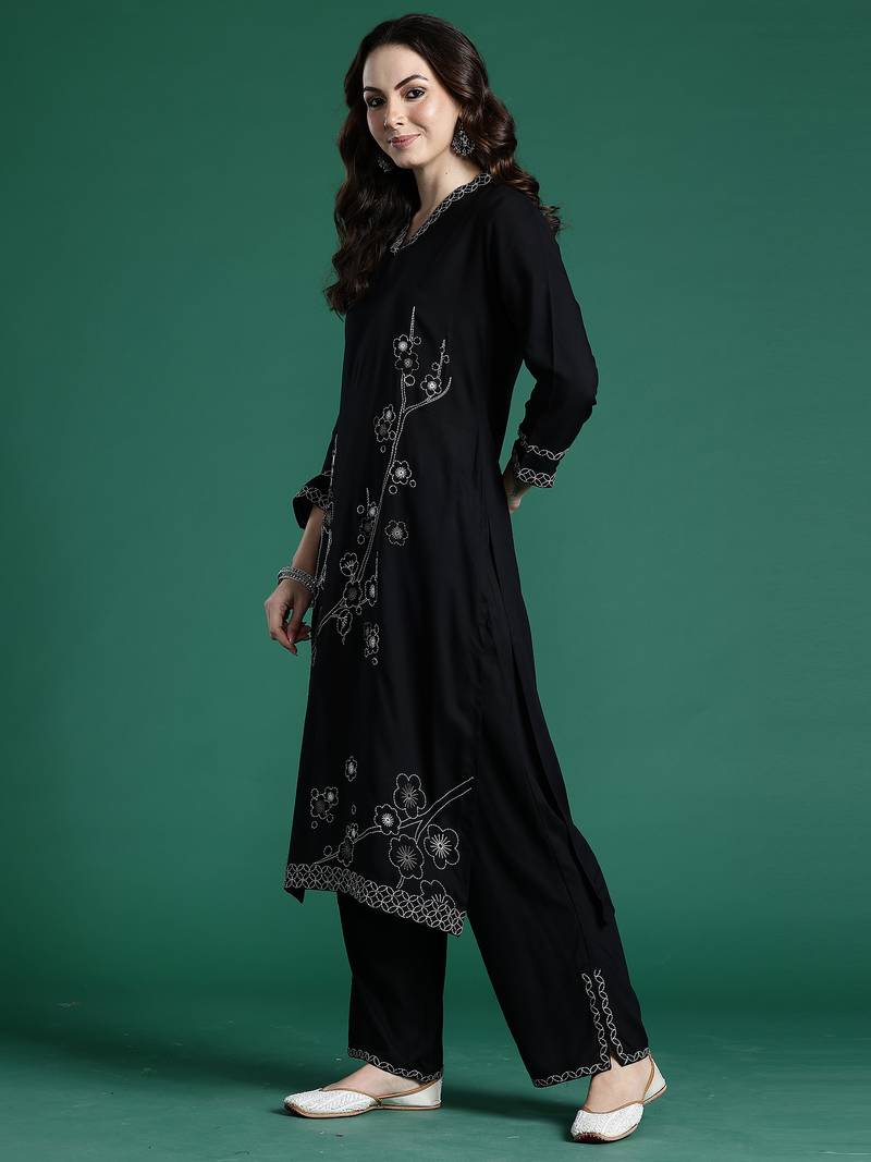 Black embroidered viscose rayon kurta trouser set