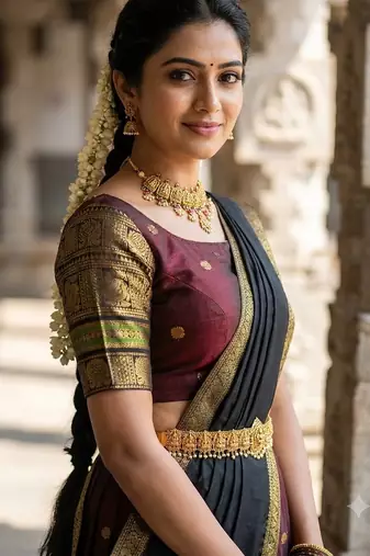 South Indian Style Semi-Stitched Half Saree with Blouse and Dupatta