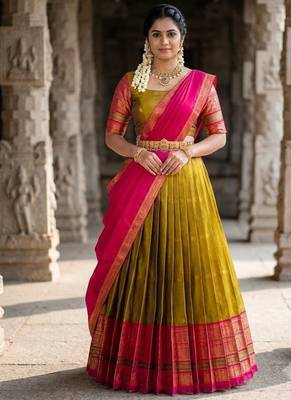 South Indian Style Semi-Stitched Half Saree with Blouse and Dupatta 1