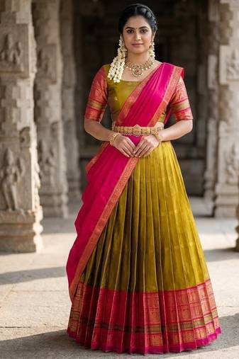 South Indian Style Semi-Stitched Half Saree with Blouse and Dupatta