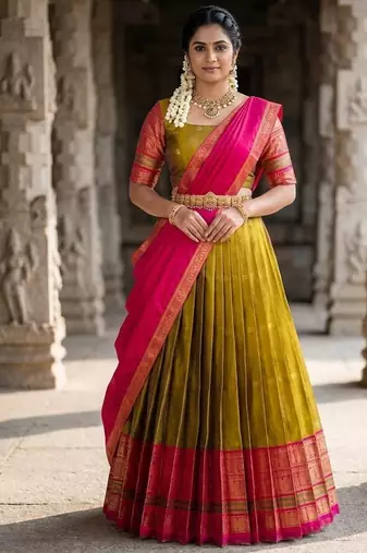 South Indian Style Semi-Stitched Half Saree with Blouse and Dupatta