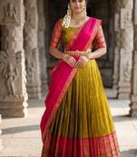 South Indian Style Semi-Stitched Half Saree with Blouse and Dupatta