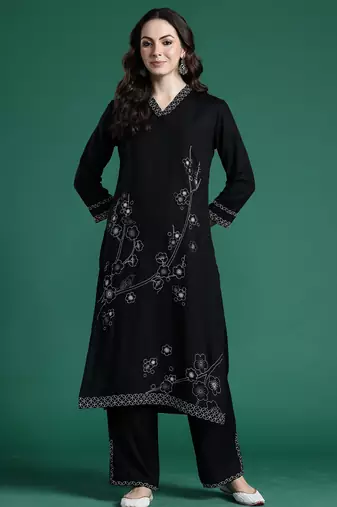 Black embroidered viscose rayon kurta trouser set