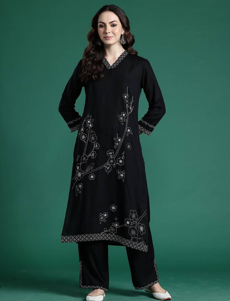 Black embroidered viscose rayon kurta trouser set