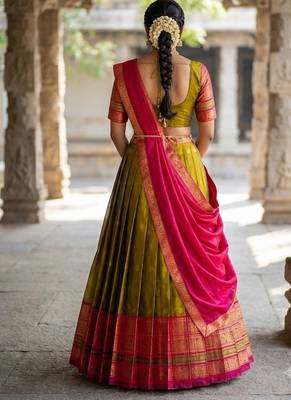 South Indian Style Semi-Stitched Half Saree with Blouse and Dupatta 2