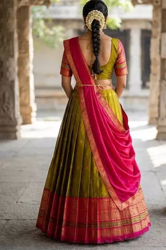 South Indian Style Semi-Stitched Half Saree with Blouse and Dupatta