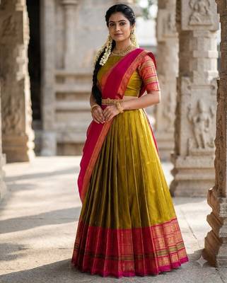 South Indian Style Semi-Stitched Half Saree with Blouse and Dupatta 3