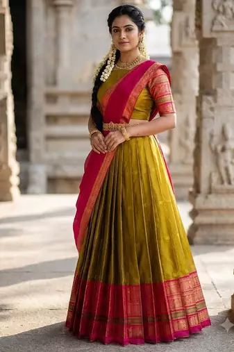 South Indian Style Semi-Stitched Half Saree with Blouse and Dupatta