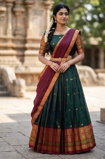 South Indian Style Semi-Stitched Half Saree with Blouse and Dupatta