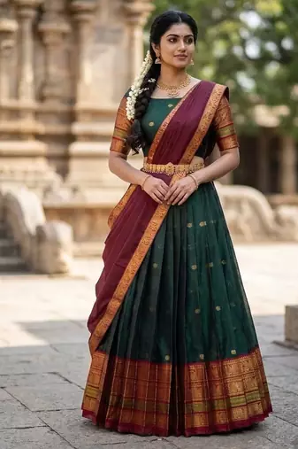 South Indian Style Semi-Stitched Half Saree with Blouse and Dupatta