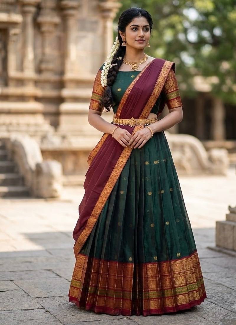 South Indian Style Semi-Stitched Half Saree with Blouse and Dupatta