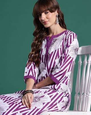 Purple printed cotton kurta trouser set 1