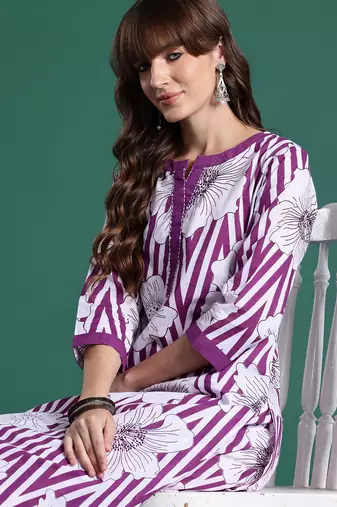 Purple printed cotton kurta trouser set