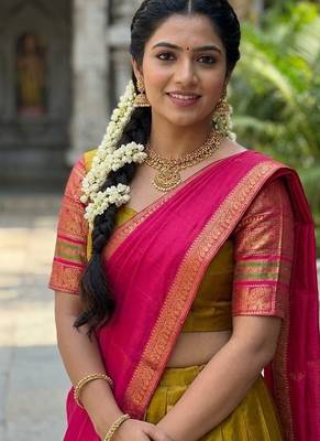 South Indian Style Semi-Stitched Half Saree with Blouse and Dupatta 4