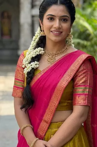 South Indian Style Semi-Stitched Half Saree with Blouse and Dupatta