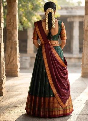 South Indian Style Semi-Stitched Half Saree with Blouse and Dupatta 2