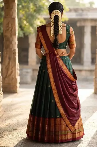 South Indian Style Semi-Stitched Half Saree with Blouse and Dupatta