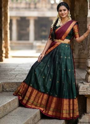 South Indian Style Semi-Stitched Half Saree with Blouse and Dupatta 3