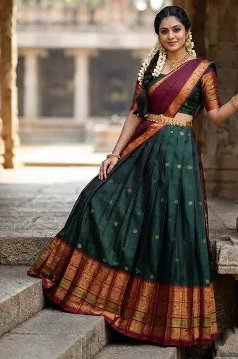 South Indian Style Semi-Stitched Half Saree with Blouse and Dupatta