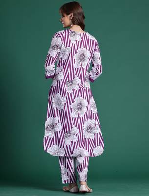 Purple printed cotton kurta trouser set 2