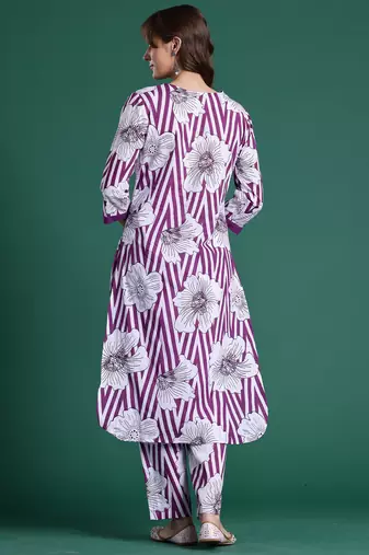Purple printed cotton kurta trouser set