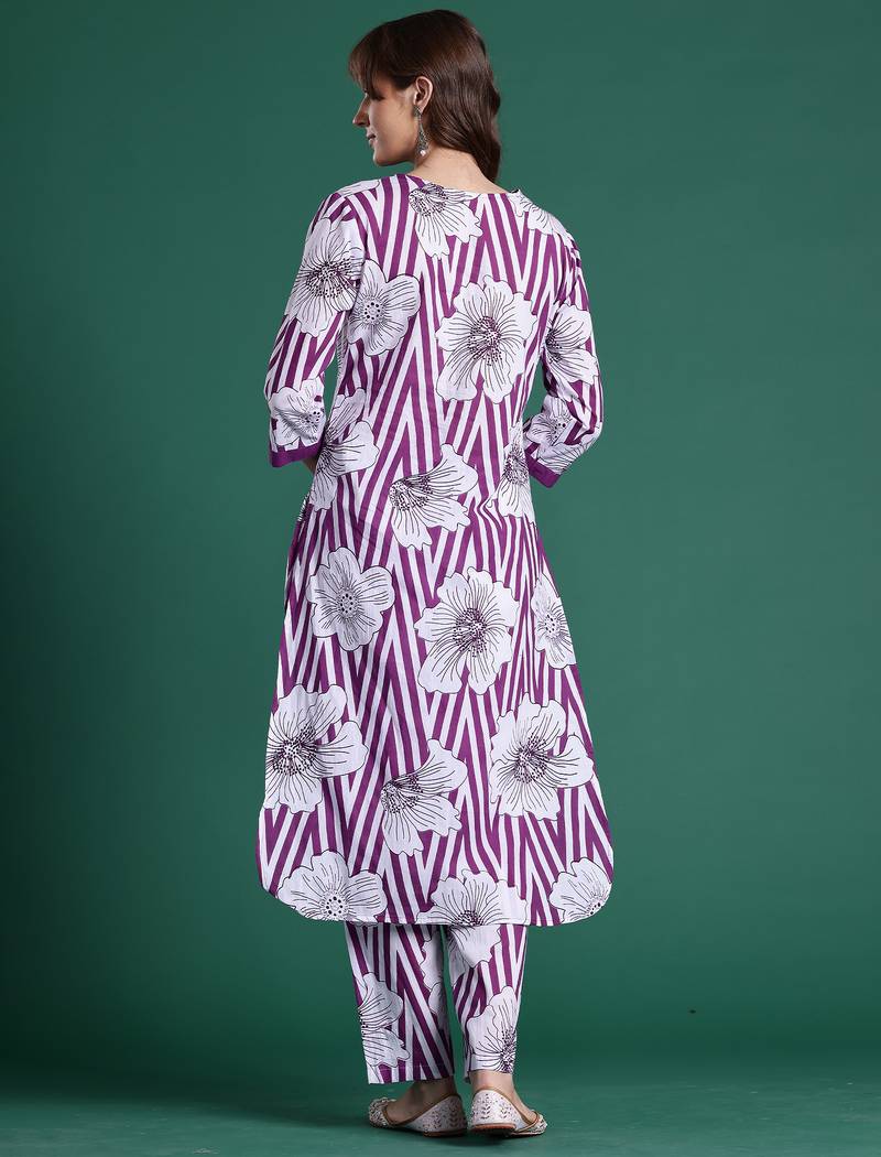 Purple printed cotton kurta trouser set