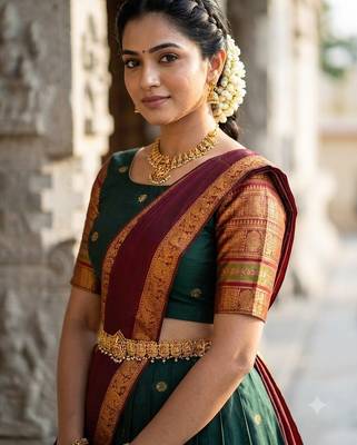 South Indian Style Semi-Stitched Half Saree with Blouse and Dupatta 4