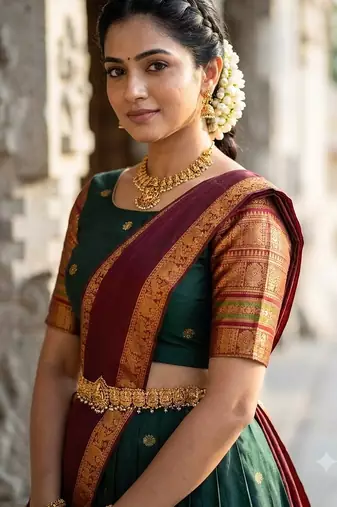 South Indian Style Semi-Stitched Half Saree with Blouse and Dupatta