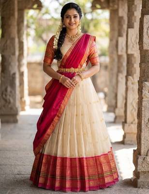 South Indian Style Semi-Stitched Half Saree with Blouse and Dupatta 1