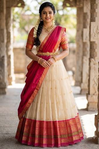 South Indian Style Semi-Stitched Half Saree with Blouse and Dupatta
