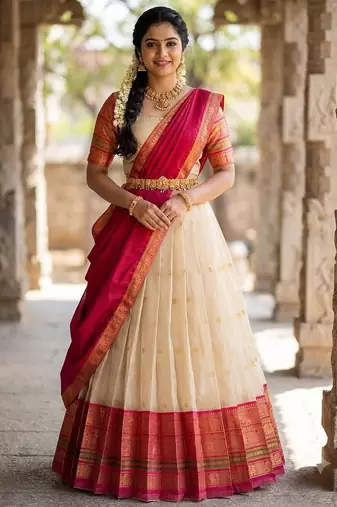 South Indian Style Semi-Stitched Half Saree with Blouse and Dupatta