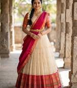 South Indian Style Semi-Stitched Half Saree with Blouse and Dupatta