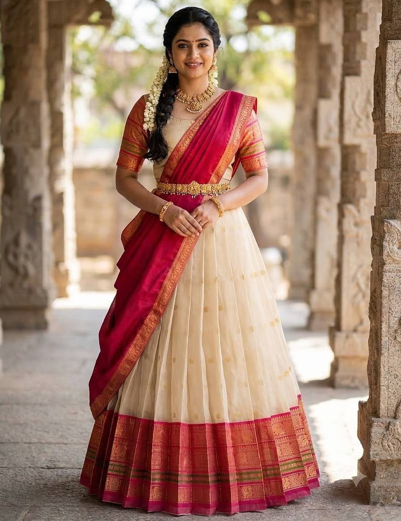 South Indian Style Semi-Stitched Half Saree with Blouse and Dupatta