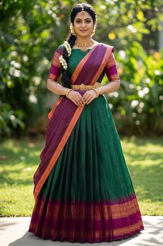 South Indian Style Semi-Stitched Half Saree with Blouse and Dupatta