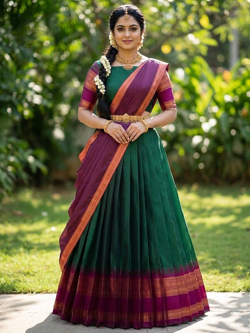 South Indian Style Semi-Stitched Half Saree with Blouse and Dupatta